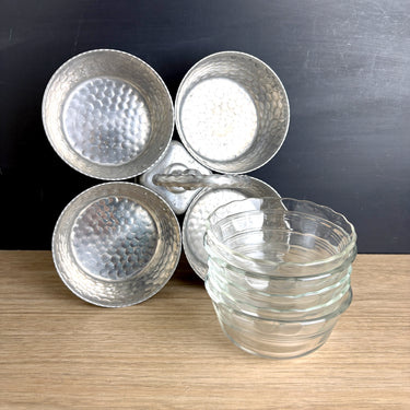 Hammered aluminum snack or condiment server with Pyrex bowls - 1960s vintage - NextStage Vintage