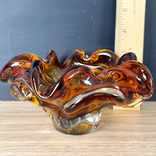 Amber art glass crimped ashtray - 1960s vintage - NextStage Vintage