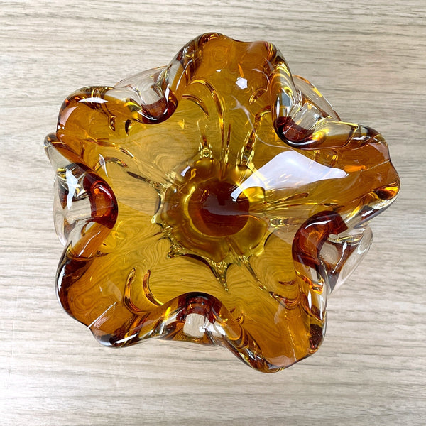 Amber art glass crimped ashtray - 1960s vintage - NextStage Vintage