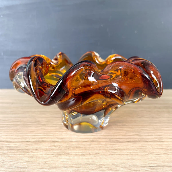 Amber art glass crimped ashtray - 1960s vintage - NextStage Vintage