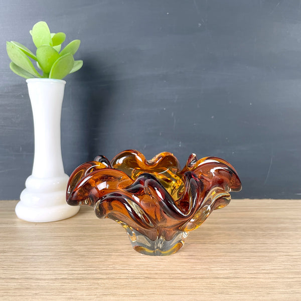 Amber art glass crimped ashtray - 1960s vintage - NextStage Vintage