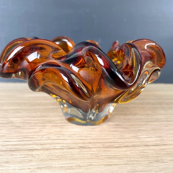 Amber art glass crimped ashtray - 1960s vintage - NextStage Vintage