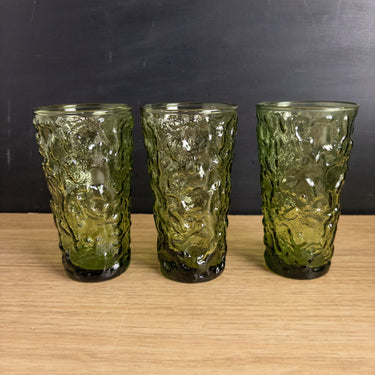 Anchor Hocking Milano Avocado Green Glass Tumblers Set 6 Vintage 1960s 12oz