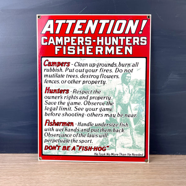 Ande Rooney Campers - Hunters - Fishermen enamel sign - 1993 vintage - NextStage Vintage