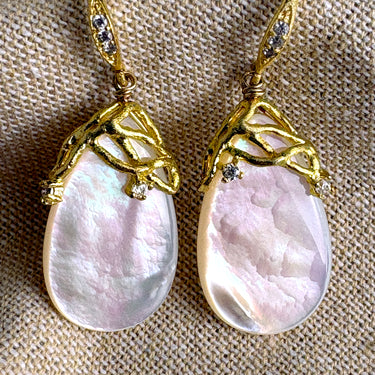 Anthropologie Mother of Pearl Teardrop Dangle Earrings, Gold Vine & Crystal Accents - NextStage Vintage