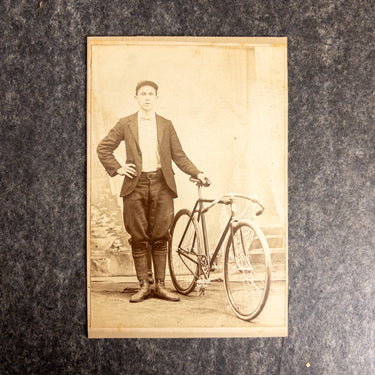 Antique Cabinet Card Young Man Racing Bicycle Knickerbockers Studio Portrait