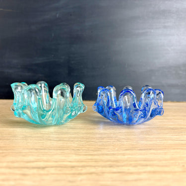 Vintage Czech Art Glass Petal Bowl Set - Aqua & Sapphire Blue - Bohemian Glass Trinket Dish Pair - NextStage Vintage