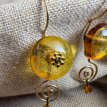 Art Glass Dangle Earrings - Honey Amber Gold Foil Glass - Wire Swirl - Boho