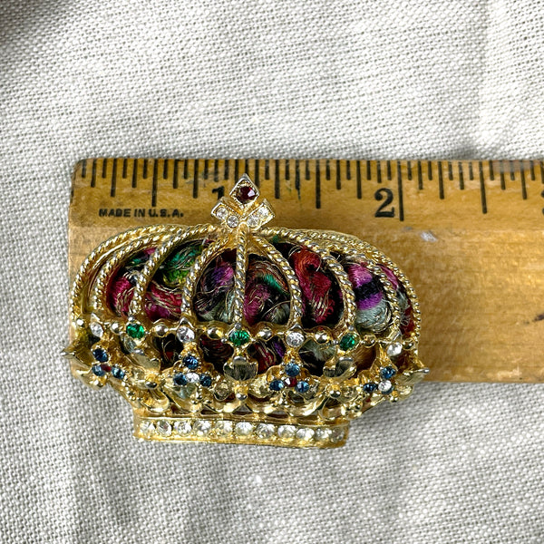 ART gold and brocade crown brooch - vintage fine costume jewelry