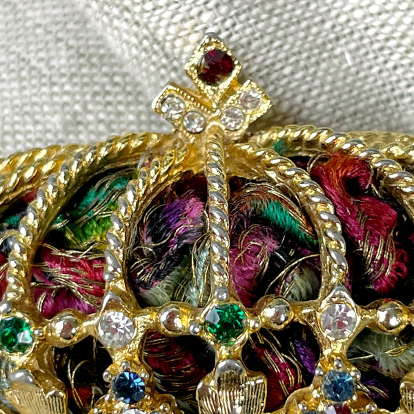 ART gold and brocade crown brooch - vintage fine costume jewelry