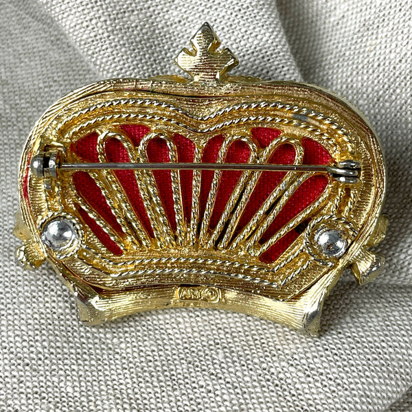 ART gold and brocade crown brooch - vintage fine costume jewelry