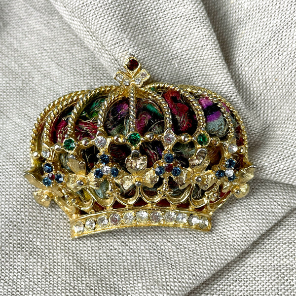 ART gold and brocade crown brooch - vintage fine costume jewelry