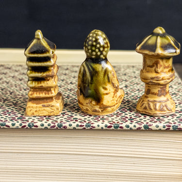 Vintage Japanese Ceramic Bonsai Miniatures Set - Mid-Century Pagoda, Buddha, Lantern Figurines - Made in Japan Terrarium/Aquarium Decor
