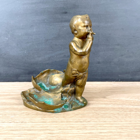 Antique bronze baby smoking coming out of eggshell - NextStage Vintage