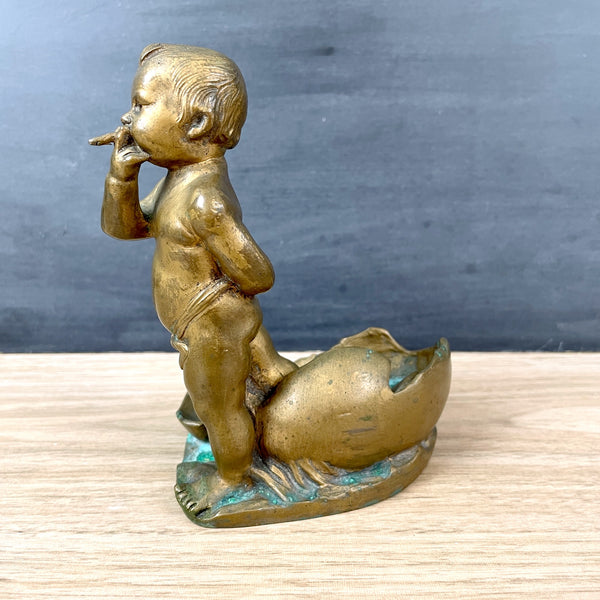 Antique bronze baby smoking coming out of eggshell - NextStage Vintage