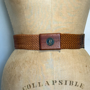 Wood Fish Scale Belt Panama Balboa Coin Buckle Boho Retro 1970s Vintage