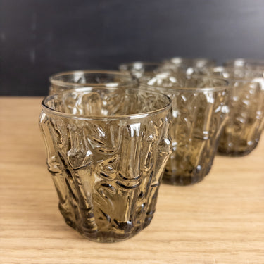 Vintage Smoky Glass Bamboo Juice Glasses - Set of 7 -  Mid Century Glassware
