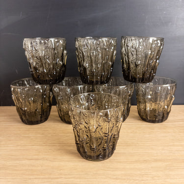 Smoky Pressed Glass Bamboo Tumblers Set of 8, Mid Century Barware, 1960s 1970s Rocks Glasses, MCM Entertaining