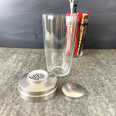 Bartender's cocktail essentials - cocktail shaker, mixing glass, swizzle sticks - 1970s vintage - NextStage Vintage