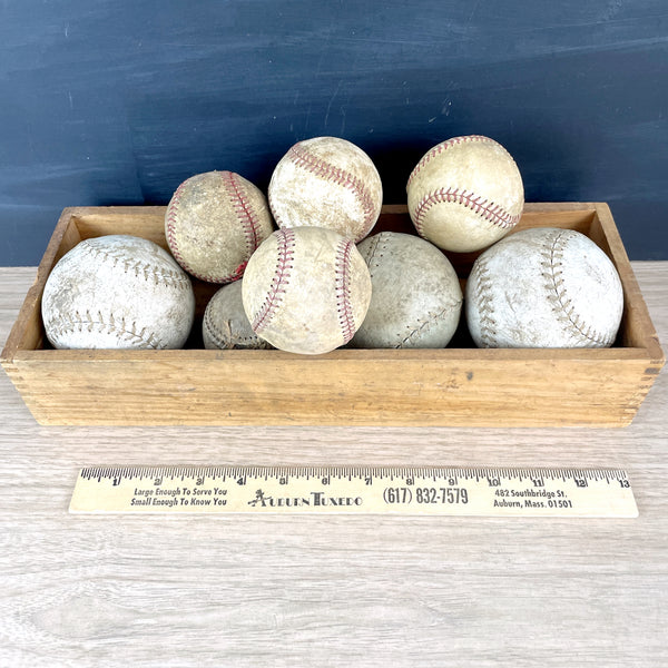 Aged and worn baseballs and softballs in a box - set of 8 - sports decor