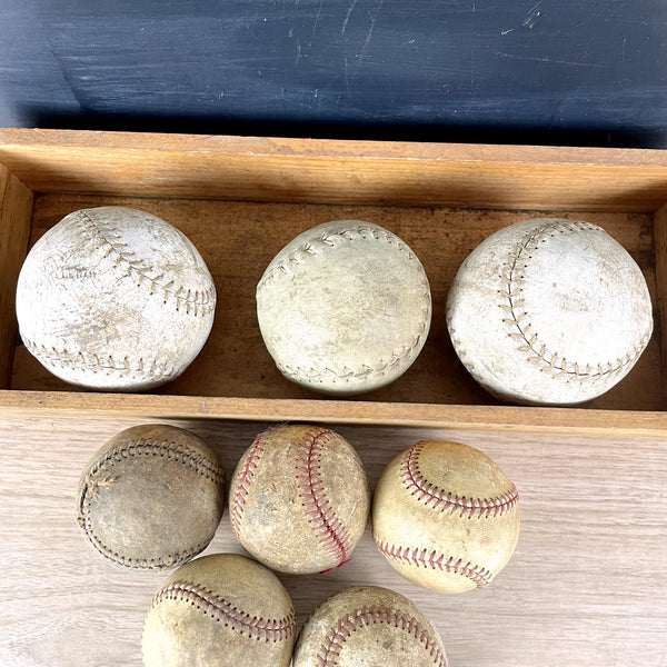 Aged and worn baseballs and softballs in a box - set of 8 - sports decor