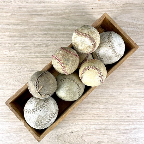 Aged and worn baseballs and softballs in a box - set of 8 - sports decor