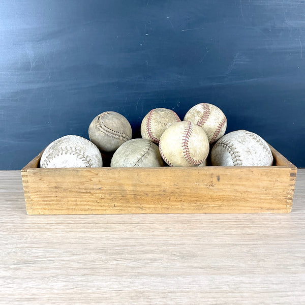 Aged and worn baseballs and softballs in a box - set of 8 - sports decor