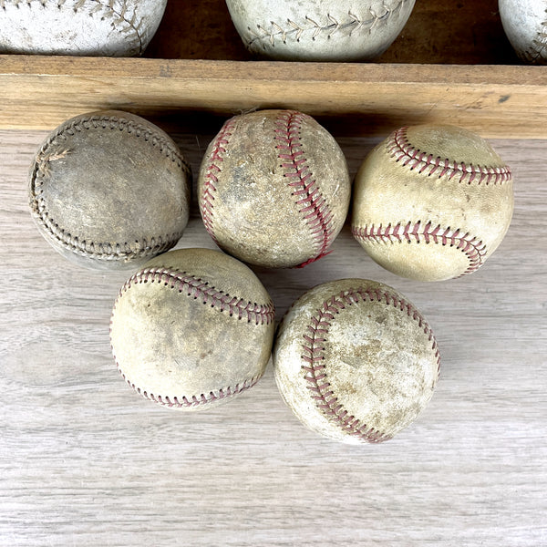 Aged and worn baseballs and softballs in a box - set of 8 - sports decor