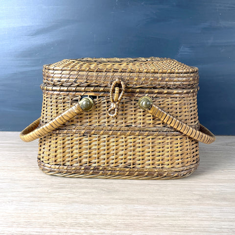 Handled basket with hinged lid - 1920s antique