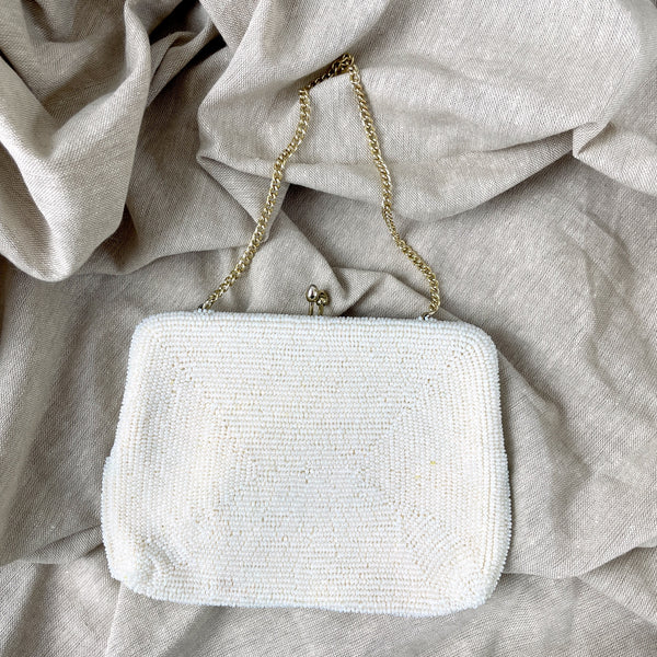 White pearl beaded evening bag - made in Japan - 1960s vintage - NextStage Vintage