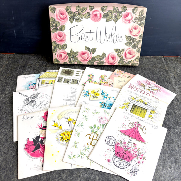 Best Wishes brand vintage greeting card assortment with box - 1960s vintage - 14 cards