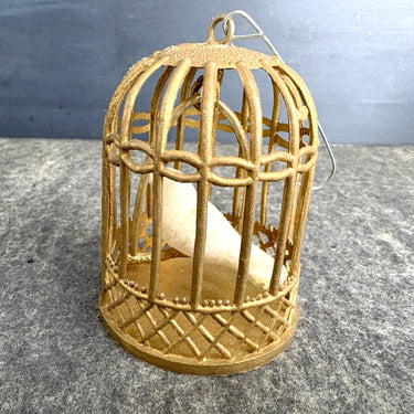 Flocked bird in gold plastic cage ornament - vintage Christmas - NextStage Vintage