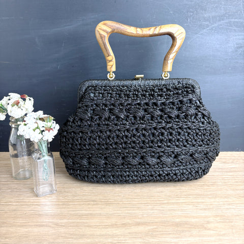 Black raffia woven handbag with wooden handle - made in Italy - vintage - NextStage Vintage