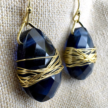 Faceted Deep Blue Crystal Teardrop Earrings, Flat Briolette with Wire-Wrap Design - NextStage Vintage