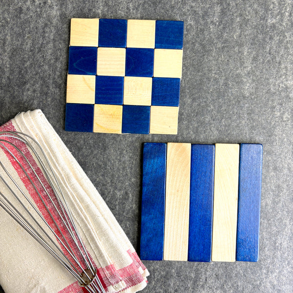 Western Germany wooden patchwork trivets - set of 2 - 1960s vintage