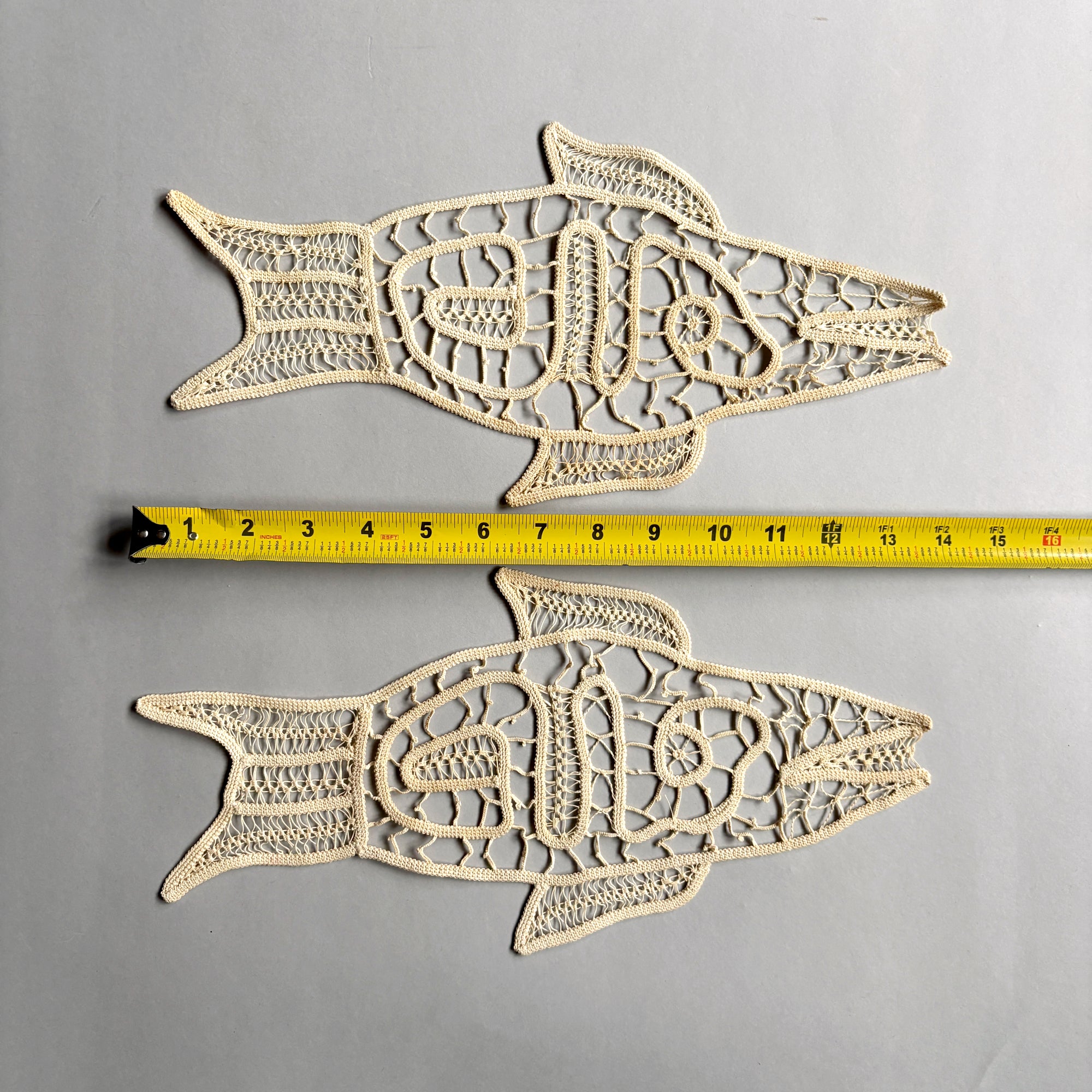 Vintage pair of bobbin lace fish motifs - frame for decor, stitch on a ...