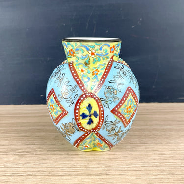 Antique Bohemian Enameled Opaline Glass Vase - Sky Blue Diamond and Floral Motif - Early 1900s - NextStage Vintage