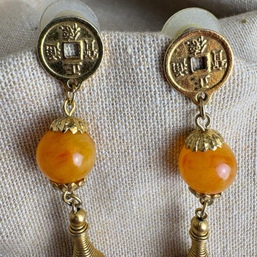 Boho Dangle Earrings - Gold Tone Coin Disc - Orange, Burgundy Beads
