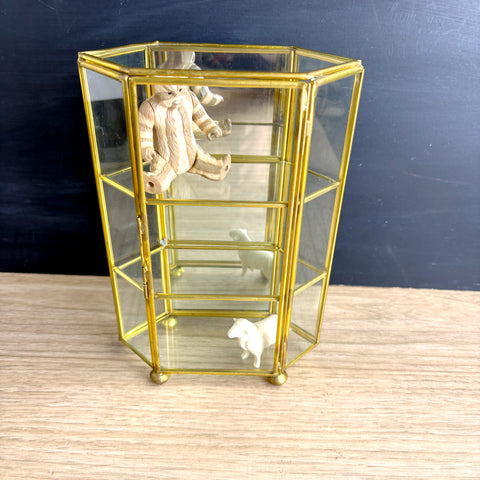 Glass and brass mini display case with mirror back - vintage curio - 3 tier