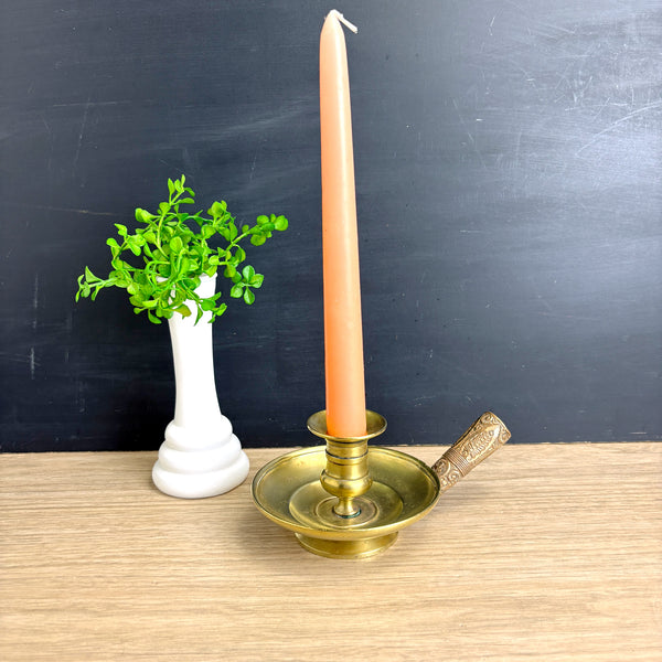 Brass chamberstick with bohemian pressed metal handle - boho décor