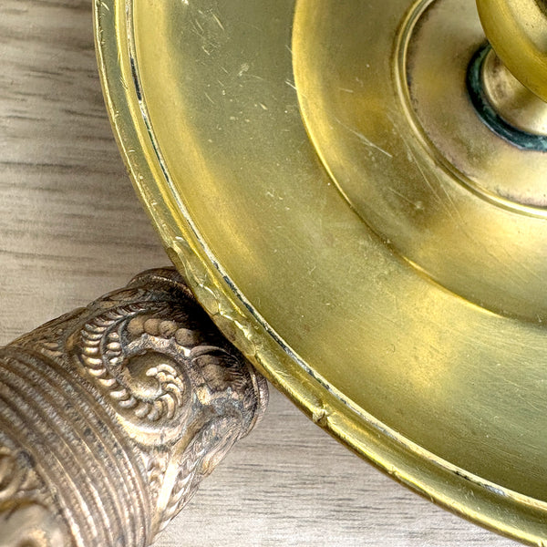 Brass chamberstick with bohemian pressed metal handle - boho décor