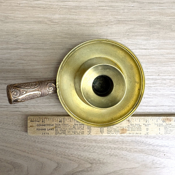 Brass chamberstick with bohemian pressed metal handle - boho décor