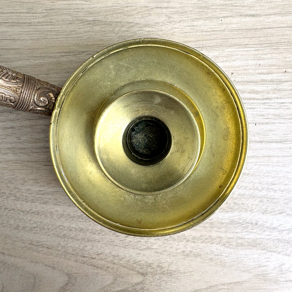 Brass chamberstick with bohemian pressed metal handle - boho décor