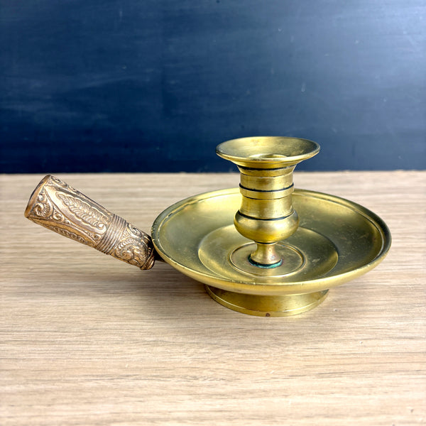 Brass chamberstick with bohemian pressed metal handle - boho décor