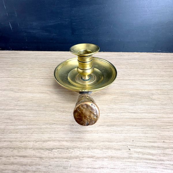 Brass chamberstick with bohemian pressed metal handle - boho décor