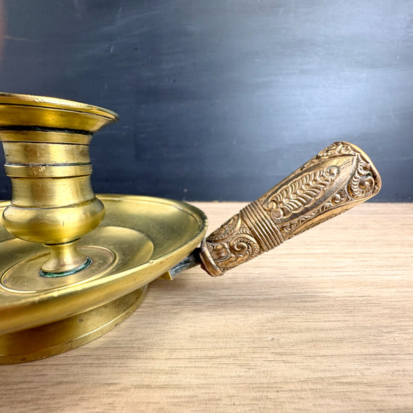 Brass chamberstick with bohemian pressed metal handle - boho décor
