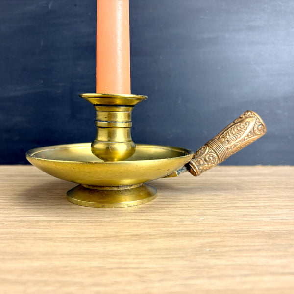 Brass chamberstick with bohemian pressed metal handle - boho décor