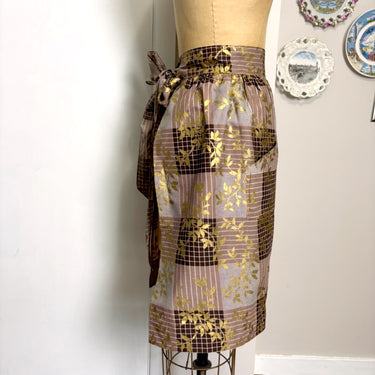Vintage large handmade half apron - brown plaid gold leaves - retro hostess apron with pocket - NextStage Vintage