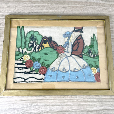 Framed hand embroidered cottage scenes - a pair - vintage 1930s framed stitchery - NextStage Vintage