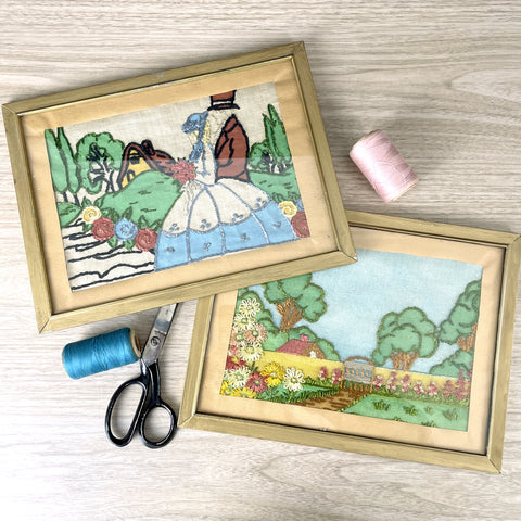 Framed hand embroidered cottage scenes - a pair - vintage 1930s framed stitchery - NextStage Vintage